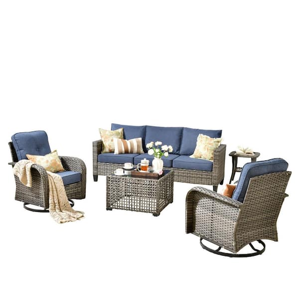 Aurora 5-Piece Wicker Patio Conversation Sofa Set with Swivel Rocking Chairs and Denim Blue Cushions
