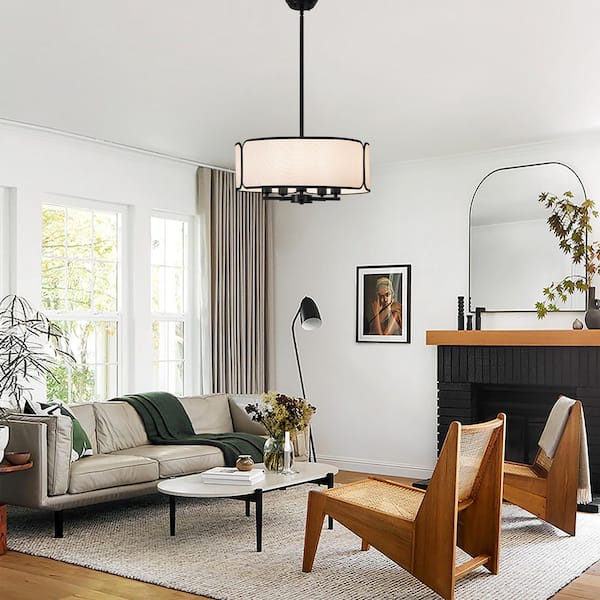 5-Light Black Drum Chandelier Modern Candle Pendant Light Fixtures with Beige Fabric Shade for Dining Room