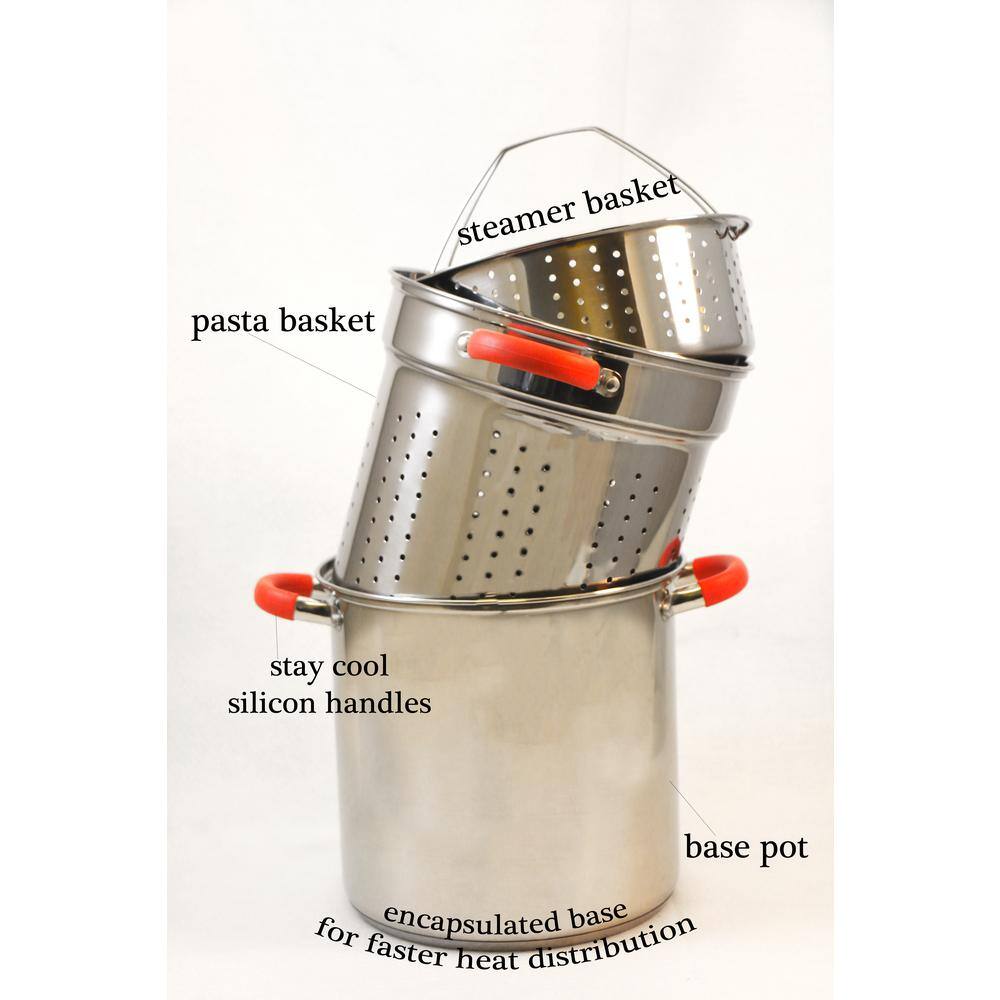 12 Qt Stainless Steel Multi-Cooker with Red Silicone Handles and Basket Insert