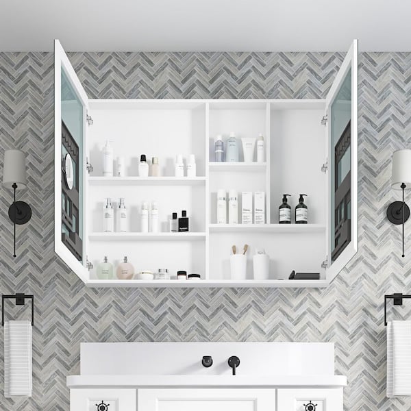 48 in. W x 36 in. H Rectangular Beveled Engineered Wood Surface Mount Medicine Cabinet with Mirror
