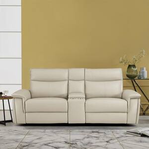 Verkin 93.5 in. W Taupe Leather Power Double Reclining 2-Seater Loveseat with Center Console and Power Headrests