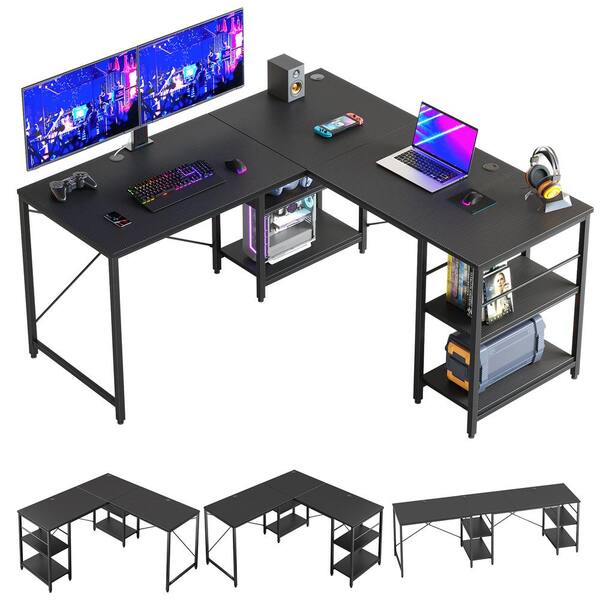 Bestier 95 in. Black Carbon Fiber LShaped Computer Desk with Shelves
