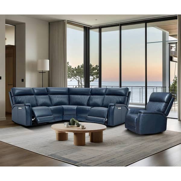 Grant 105 in. 6-pieces Genuine Leather Triple Power Sectional and Recliner Living Room Set with Zero Gravity in DarkBlue