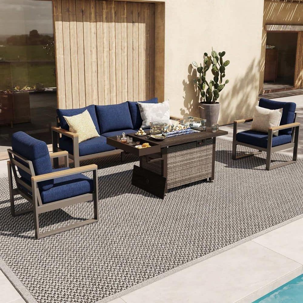 4-Piece Aluminum 5 Seats Outdoor Patio Conversation Set with 52 Inch Fire Pit Table and Navy Cushions price history on PriceWatchPro