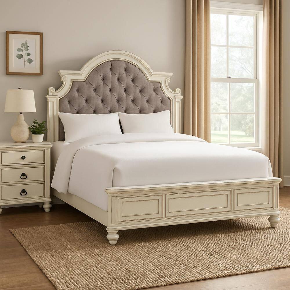 Desha White and Gray Wood Frame Queen Panel Bed with Button Tufted Headboard and Curve Details