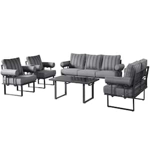 Teton Grand Gray 5-Piece Aluminum Outdoor Patio Conversation Set with Stripe Gray Cushions