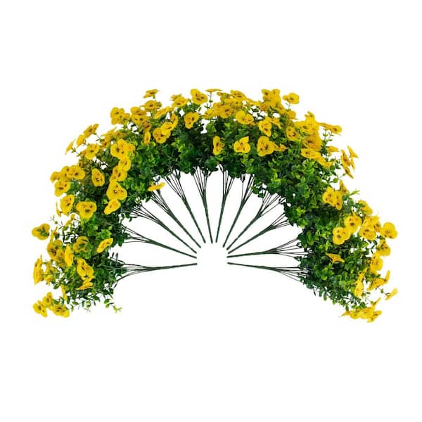 13in. Yellow UV Resistant Artificial Pansy Bush (Indoor/Outdoor) - Set of 12