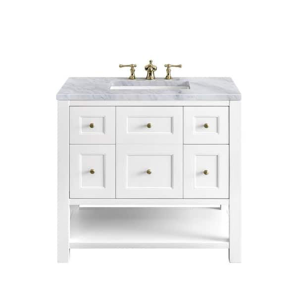 James Martin Vanities Breckenridge 36.0 in. W x 23.5 in. D x 34.2 in. H Bathroom Vanity in Bright White with Carrara Marble Marble Top