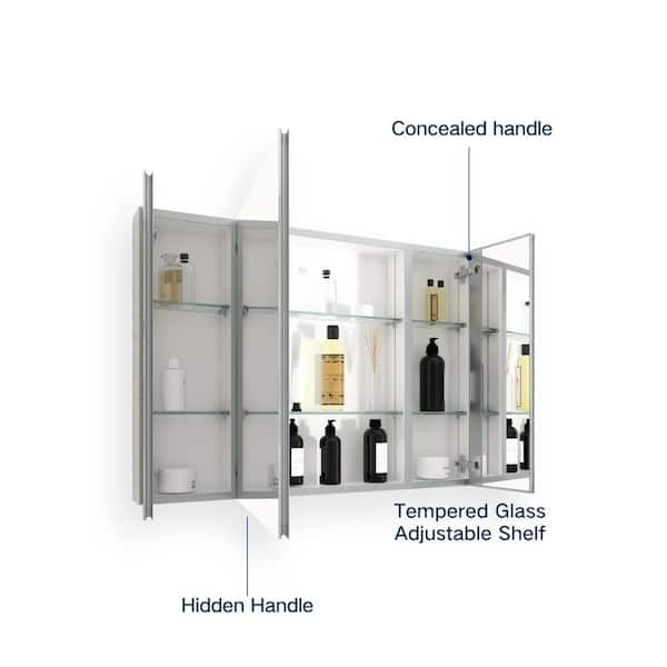 Cesicia 36 in. W x 26 in. H Rectangular Silver Aluminum Surface Mount 3 Doors Bathroom Medicine Cabinet with Mirror