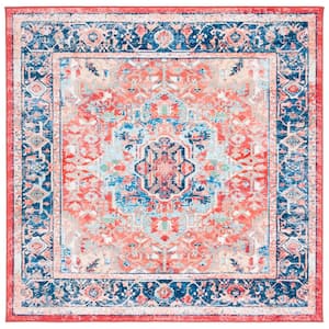 Riviera Navy/Red 7 ft. x 7 ft. Machine Washable Medallion Border Square Area Rug