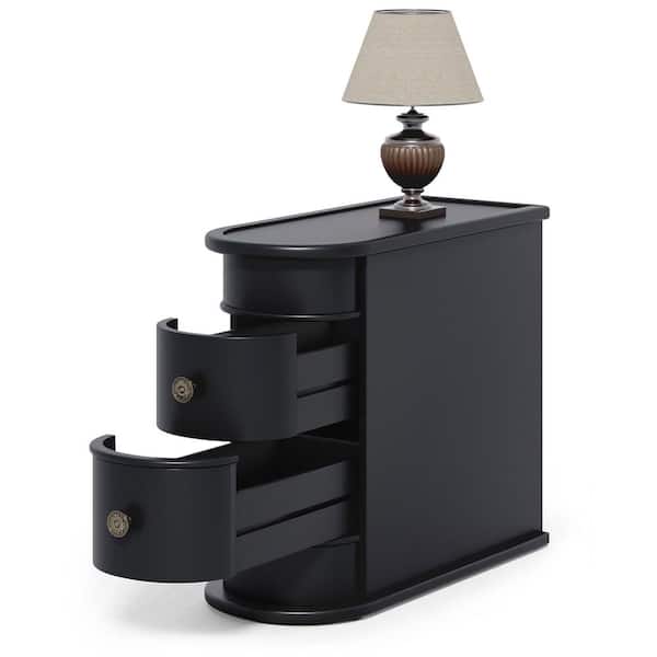 BYBLIGHT Kerlin 23.6 in. Black Rectangle Wood End Table with 2-Drawers