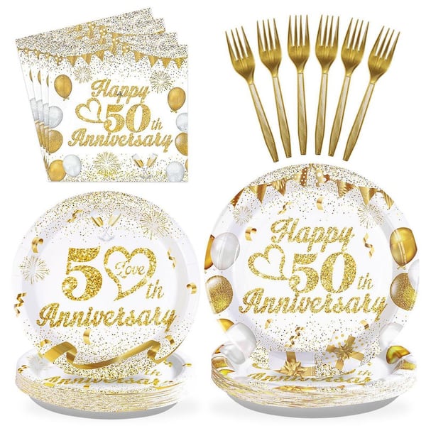 White and Gold 96 Piece Party Tableware Set for 24 Guests 50th Anniversary Includes Plates Napkins