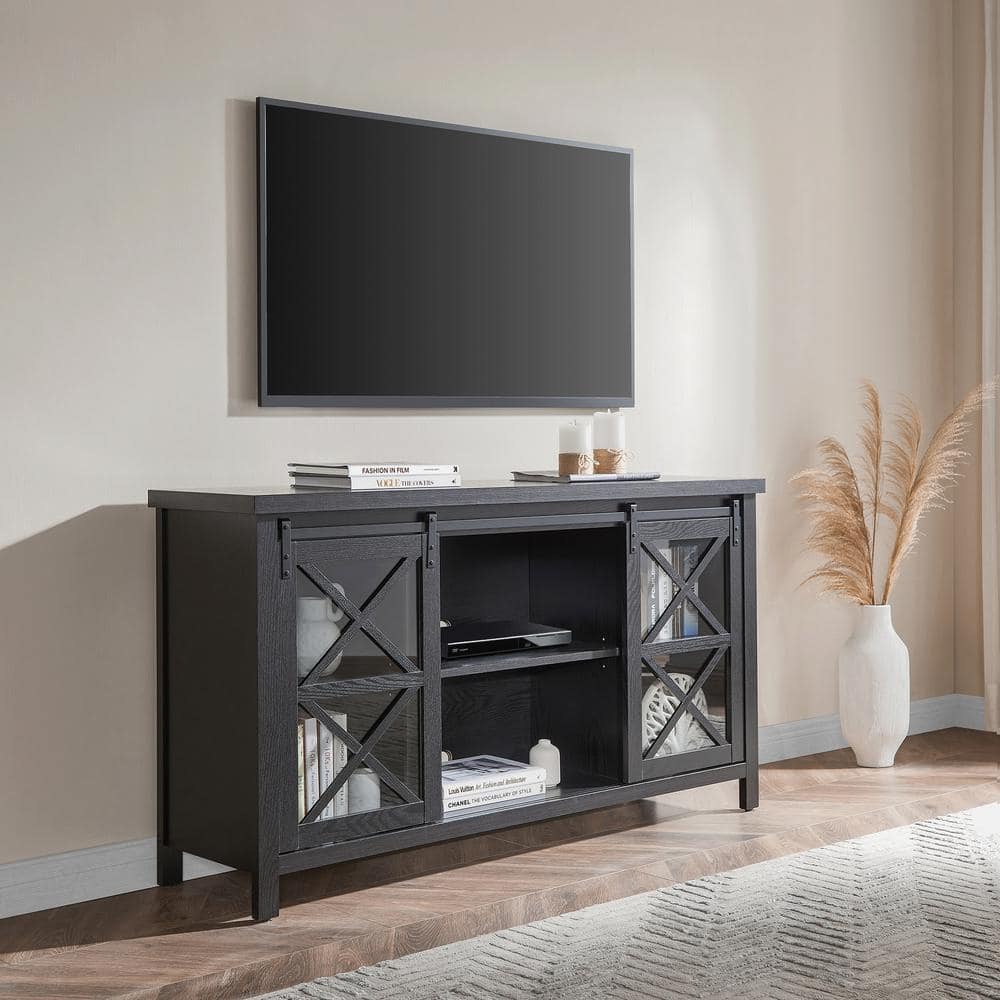 Clementine 58" Black Grain Metal TV Stand with Cabinet
