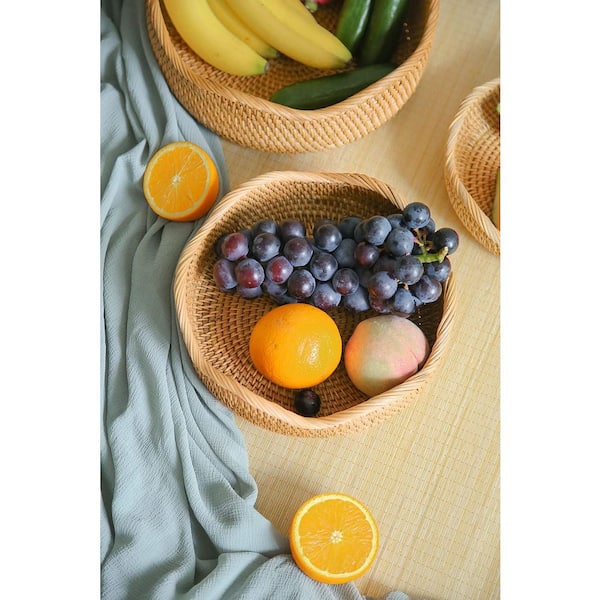 1-Piece Handmade Rattan Bread Baskets, Round Wicker Fruit Serving Storage Bowls, Natural Woven Decorative