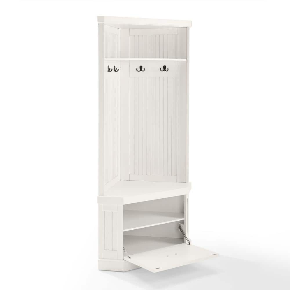 Distressed White Birch Corner Hall Tree with Storage