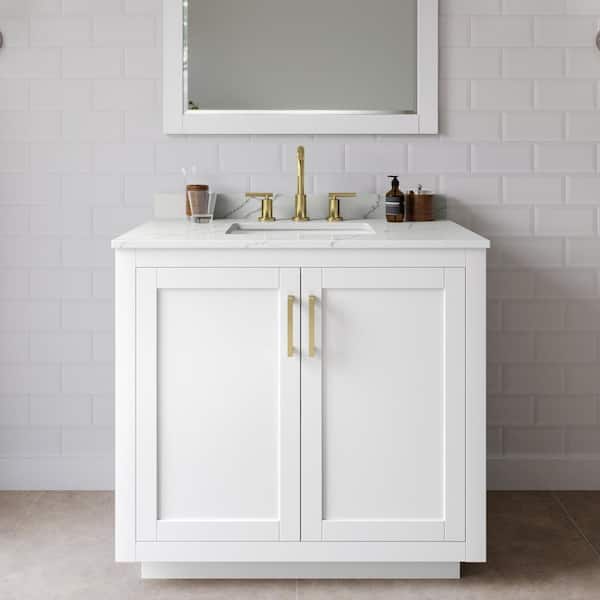 Wyndham Collection Miranda 36 in. W x 22 in. D x 33.75 in. H Single Bath Vanity in White with Giotto Quartz Top and 34 in. Mirror