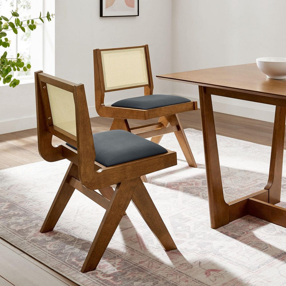 Walnut Black Low Rattan Cane Side Chair with Faux Leather Seat