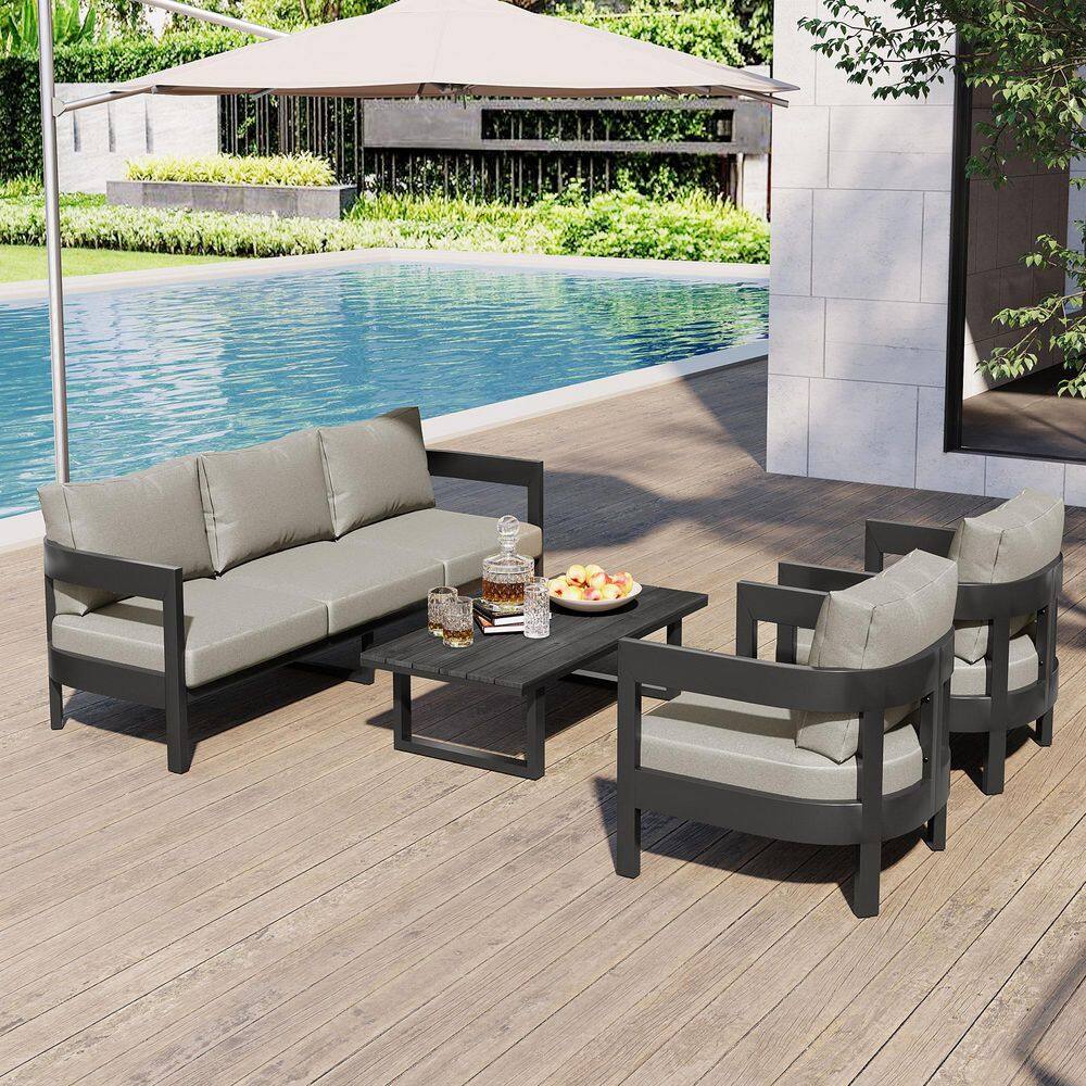 4-Piece Black Metal Patio Conversation Set with Thick Light Gray Cushions f