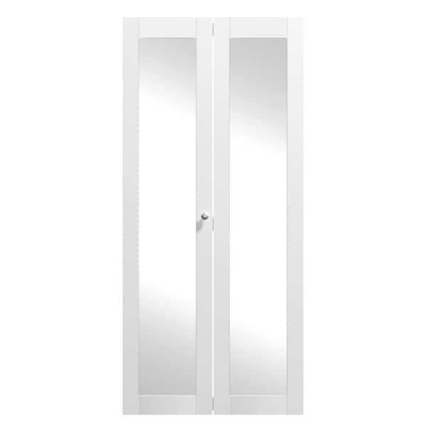 TENONER 36 in. x 80 in. White, MDF, 1 Mirror Glass Panel Bi-Fold Interior Door for Closet with Hardware Kits