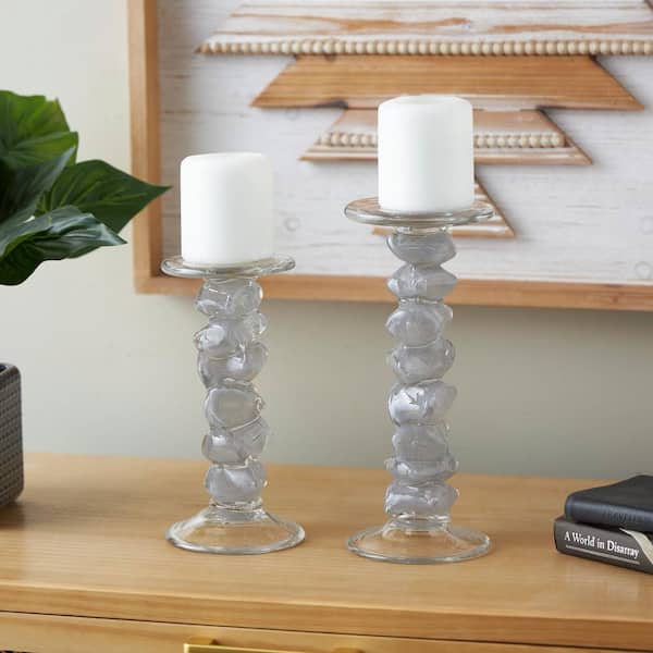 Litton Lane Clear Glass Handmade Stacked Stone Candle Holder (Set of 2)