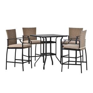 Rex Black Frame 5-Piece Metal and Wicker Counter Height Outdoor Dining Sets with Beige Cushions