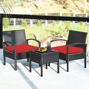 3-Piece Patio Rattan Furniture Set Table Conversation Sofa Cushioned Red