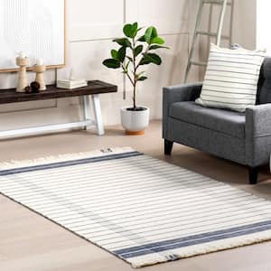 Celena Striped Wool Fringe Area Rug Ivory Doormat 2 ft. x 3 ft.  Accent Rug