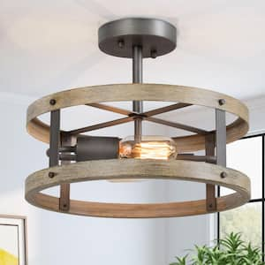 Farmhouse 2-Light Brown Modern Semi-Flush Mount, Rustic Drum Cage Ceiling Light with Bleached Painted Wood Accents