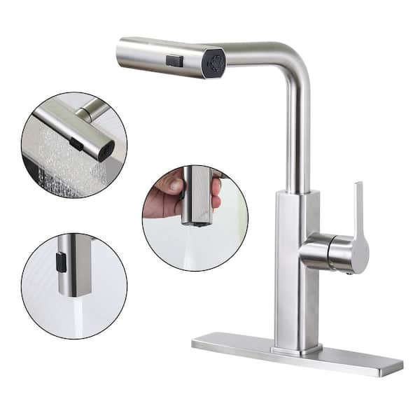 Single Handle 3-Mode Waterfall Pull Down Sprayer Kitchen Faucet with Deckplate and Supply Lines in Brushed Nickel