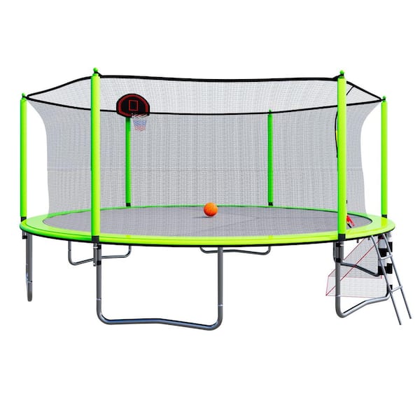 Unbranded 16 ft. Outdoor Recreational Trampolines w/Basketball Hoop, Enclosure Net Ladder Kids & Adults for Garden and Yard, Green
