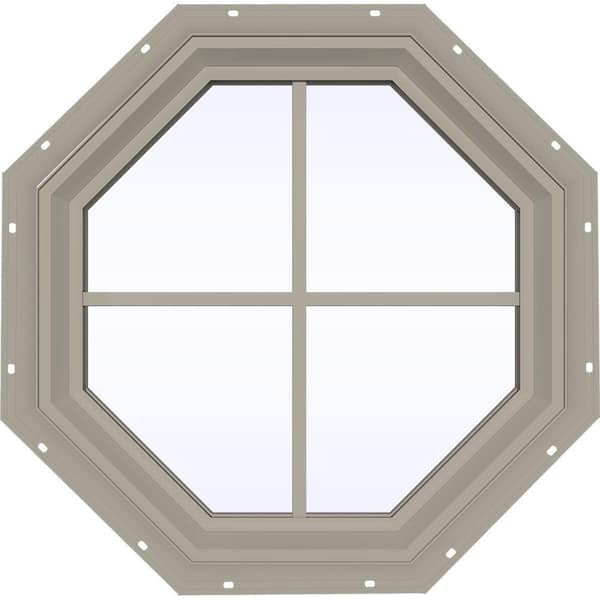 JELD-WEN 23.5 in. x 23.5 in. V-2500 Series Desert Sand Vinyl Fixed Octagon Geometric Window with Colonial Grids/Grilles