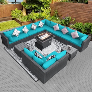 15-Piece Large Size Gray Wicker Patio Conversation Sofa Set with Teal Blue Cushions Fire Pit Table and Coffee Tables