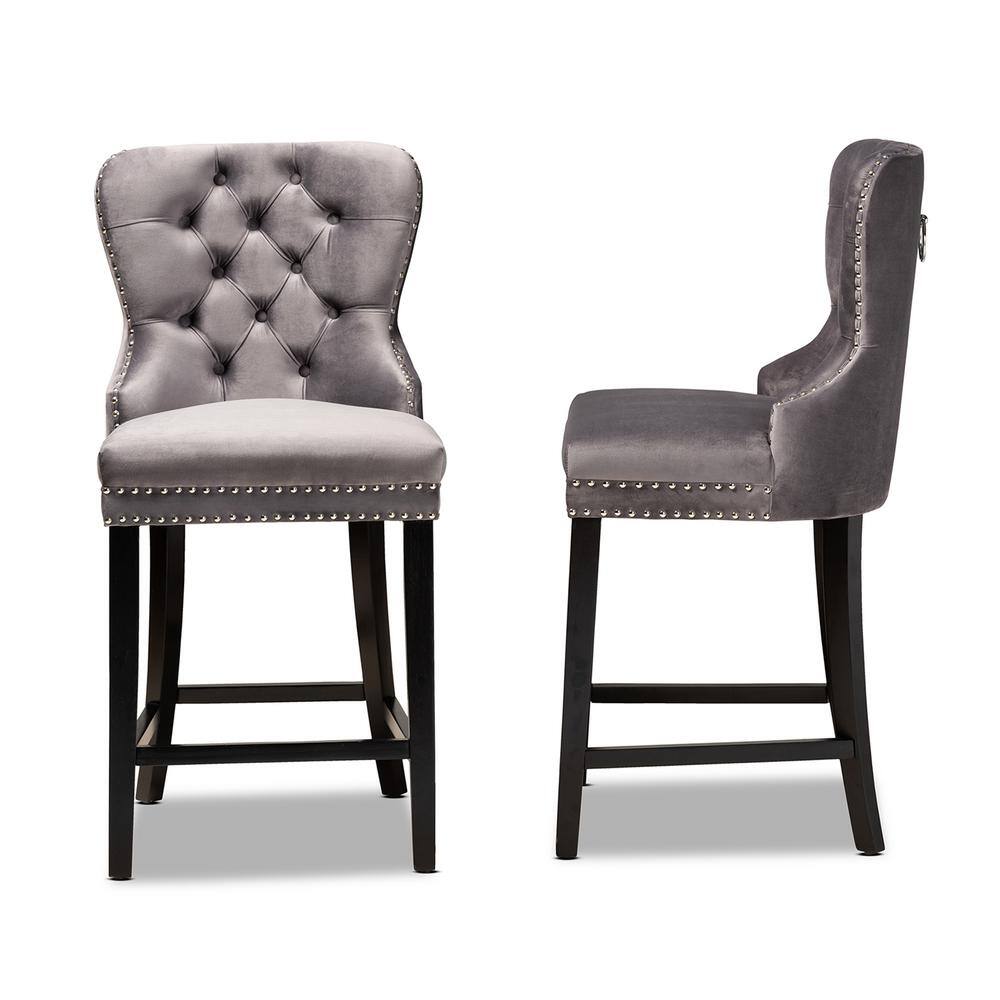 Gray Velvet and Dark Brown Wood Quilted Counter Stools, Set of 2
