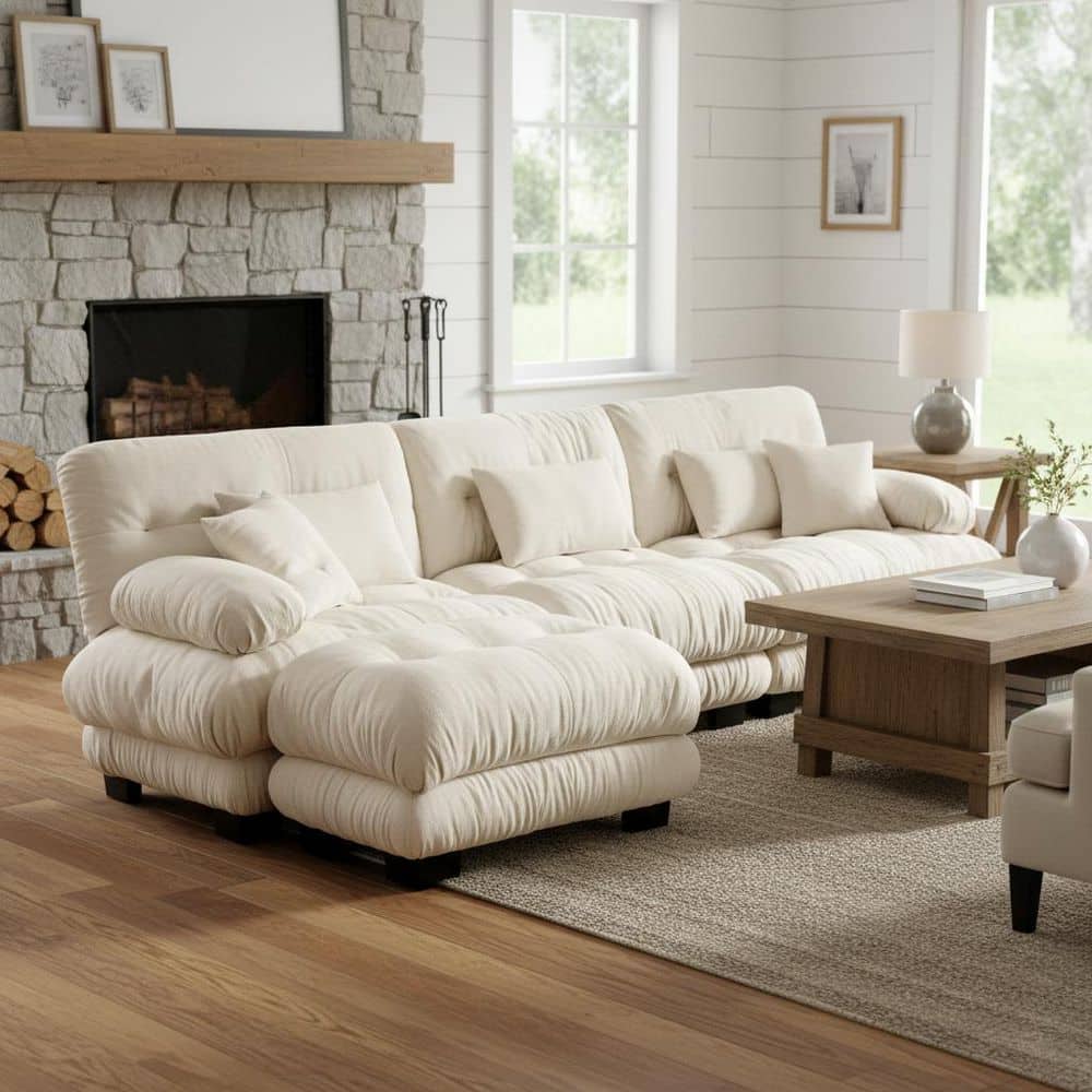MINH 133.8 in. Pillow Arm 4-piece Chenille Modular Sectional Sofa with Deep Seat and Matching Ottoman in. Almond Beige