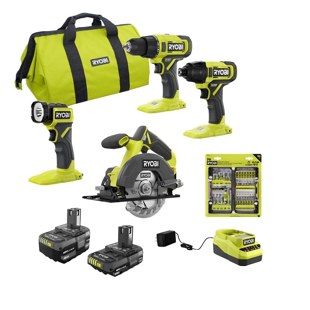 RYOBI ONE+ 18V Cordless 4-Tool Combo Kit with 4.0 Ah Battery, 1.5 Ah Battery,  Charger, and Impact Rated Driving Kit (70-Piece) PCL1400K2-AR2040 The  Home Depot