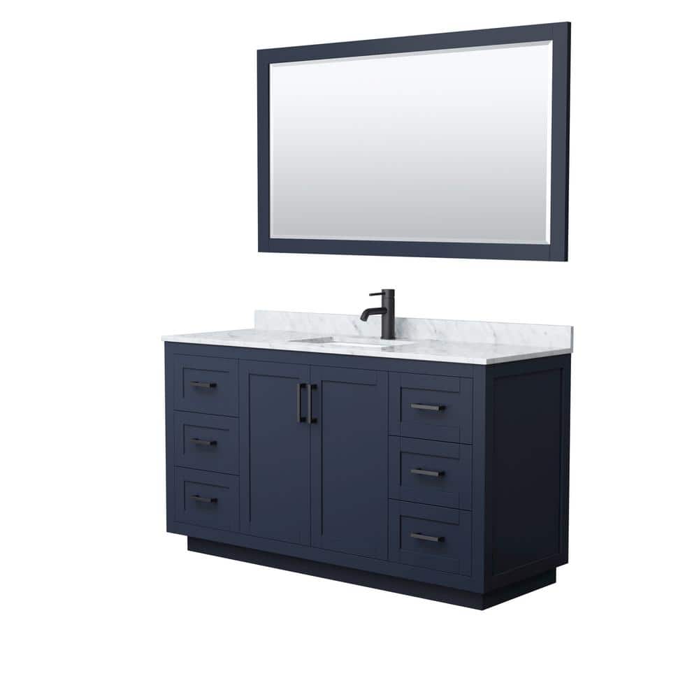 Miranda 60" Dark Blue Single Bathroom Vanity with White Carrara Marble Top and Matte Black Trim