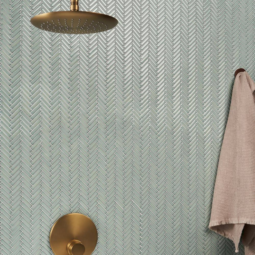 Mint Green Glossy Porcelain Herringbone Mosaic Tile 11.14 in. x 11.14 in.