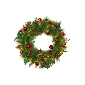 24 in. Artificial Christmas Wreath with Red Balls and Berries, 106 Tips, 35 UL Lights