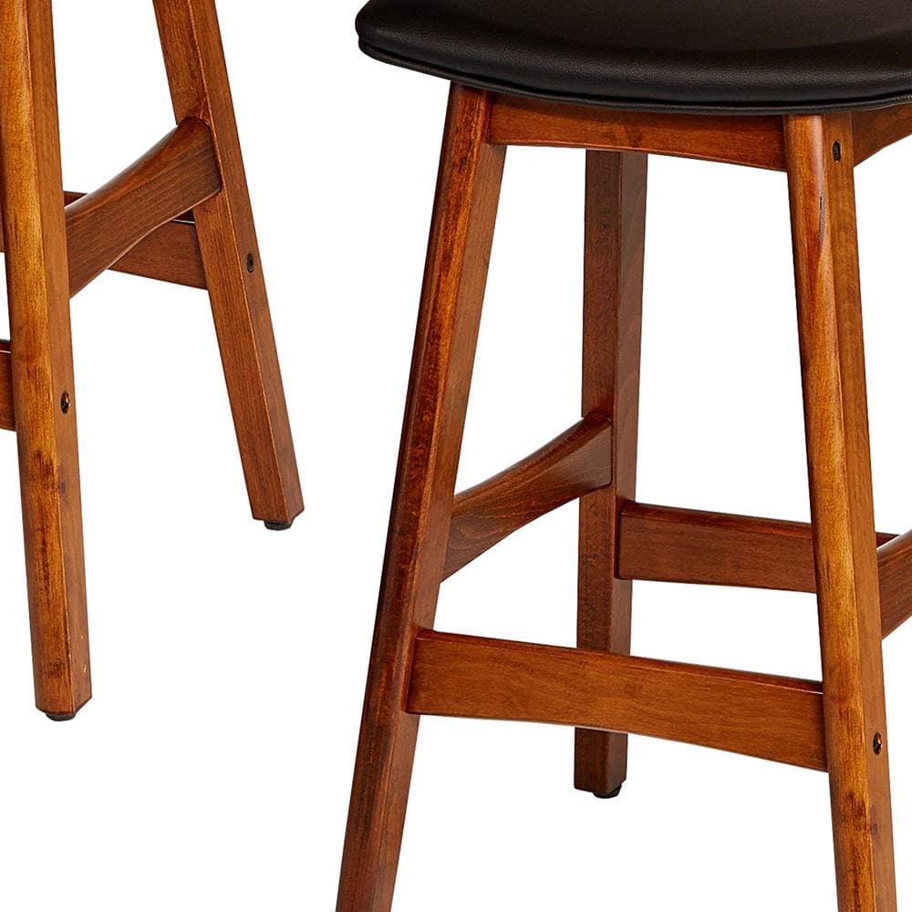 Black Leather Saddle-Style Wood Counter Stool, Set of 2