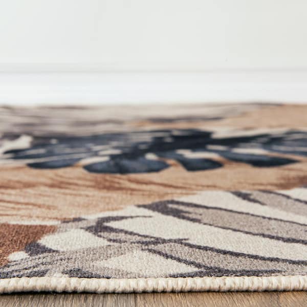 Contemporary Tropical Beige 5 ft. x 7 ft. Floral Leaves Non Slip Area Rug