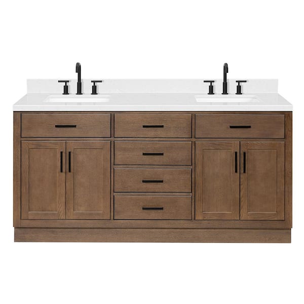 Hepburn 72.25 in. Double Sink Freestanding in Brown Oak Bath Vanity with Carrara White Quartz Top