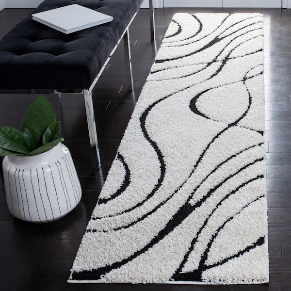 Florida Shag 2 ft. x 11 ft. Ivory/Black Abstract Runner Rug