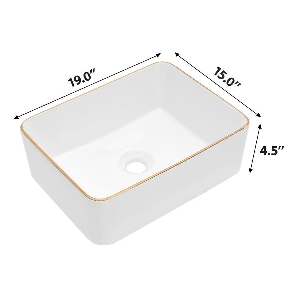 19" White Ceramic Rectangular Vessel Sink with Gold Rim