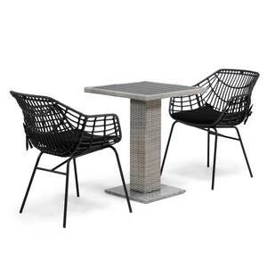 Arno Black 3-Piece Metal Square Outdoor Bistro Set with Black Cushions and Granite Base