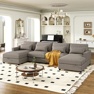 128.3 in. W Modern Large U-shape Polyester Sectional Sofa in. Gray with Hidden Storage and Lumbar Support Pillows