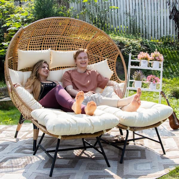 FINCATI 2-Person Beige Double PE Wicker Outdoor Lounge Egg Chair with Beige Cushion and 2 Pcs Ottoman