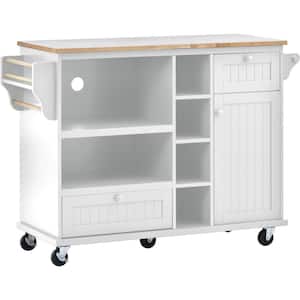 White Kitchen Island on 5-Wheels with Storage Cabinet and Microwave Cabinet Solid Wood Desktop