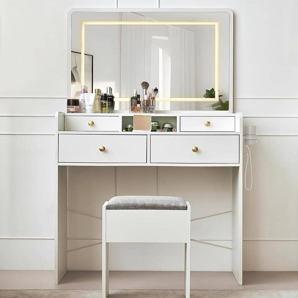White Wood Outdoor Side Table, Vanity Desk with 41 in. Mirror, Lights, Draw