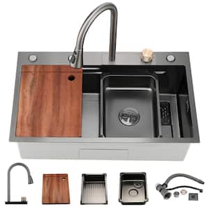 Zero Radius Drop-in 16G Stainless Steel 30 in. 5-Hole Single Bowl Workstation Waterfall Kitchen Sink, Pull-Down Faucet