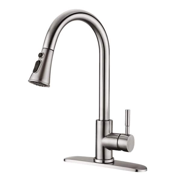 PROOX Single-Handle Stainless Steel Pull Down Sprayer Kitchen Faucet with Escutcheon in Brushed Nickel
